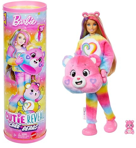 Barbie Cutie Reveal Care Bears-docka och tillbehör, serie 2, Togetherness Bear med 10 överraskningar, däribland färgförändring och minibjörn, JFV60