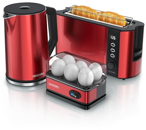 Arendo - Wasserkocher Toaster Eierkocher Set - Edelstahl Wasserkocher mit Temperatureinstellung - Toaster 2 Scheiben Langschlitz - Eierkocher 1-6 Eier - Küchenset in Rot
