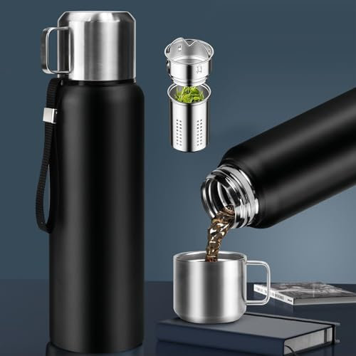 HWSWSH Tasse Thermos en Acier Inoxydable 800ML, Mug Isotherme Cafe Couvercle de Tasse avec Poignée, Mug de Voyage Thermos Isotherme 12 h, Bouteille pourr Café, Boissons, Thé, Soupe, Extérieur (Noir)