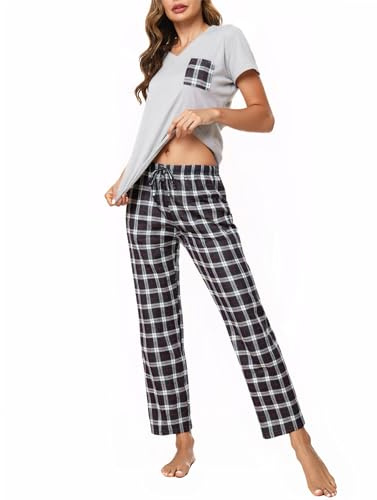Crewhpo Ensemble Pyjama Femme Col V T-Shirt Manches Courtes Style Sport | Tissu Doux et Respirant, Haut Col V à Manches Courtes, Pantalon Long à Carreaux, Pour Maison et Mi-Saison, pour le Quotidien