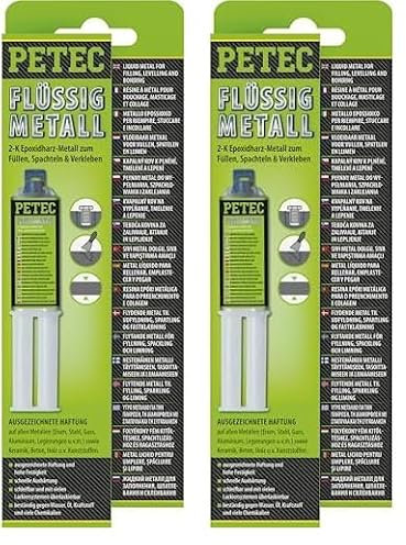 Petec Flüssigmetall 2 Komponenten Kleber Metall Epoxidharz. 2K Metallkleber hochfest 25 ml ohne Mischrohr. Zwei Komponentenkleber für Kunststoff, Holz, Keramik, Stahl, Eisen und Beton (Packung mit 2)