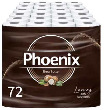 Phoenix Toilet Rolls – 72 Pack | 3 Ply Shea Butter Scented Toilet Paper | Bulk Buy, Soft, Quilted, Sustainably Sourced, Eco- Friendly Luxury Bathroom Tissue