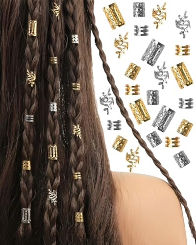 FUGLUS 80 Stück Haarschmuck für Zöpfe,haarschmuck,Schmuck für Haar,Manschetten-Clips für Dreadlock-Zubehör,Haarspiralen Clips Haarschmuck für Dreadlocks für Männer Frauen - Gold/Silber