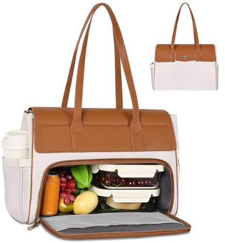 Jetviivid Lunch Tote Bag für Damen, 15.6 Zoll Laptoptasche mit LunchFach, 2-in-1 Groß Lunchtasche Handtasche, Aktentasche Wasserdicht, Bürotasche für Arbeit, Büro, Business, Braun