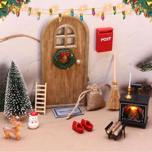 Johiux Wichteltür Set Wichtel Zubehör Weihnachten,Feuerstelle Miniatur Petroleumlampe Wichtel Lichterkette,Mini Lagerfeuer Puppenhaus Wichtel Kamin Miniatur Stadtflamme Wichtel Zubehör. (A)