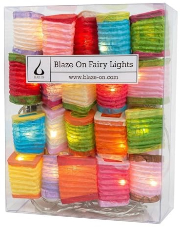 Blaze On Radiant Lantern Fairy Lights - Rainbow - 20 LED - USB Powered | Handcrafted from Hand-Screened Mulberry Paper with Warm White LEDs