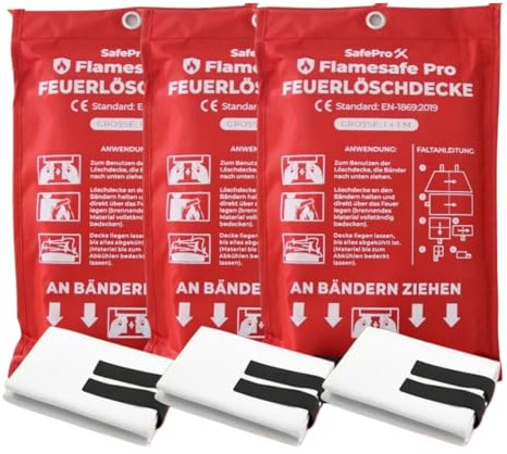 Flame Safe Löschdecke für die Küche – Brandschutzdecke 1,0 m x 1,0 m – Hitzebeständige Glasfaser-Feuerschutzdecke für Fettbrände, Zuhause, Auto, Büro, Garage, Grill, Werkstatt – 3er Pack