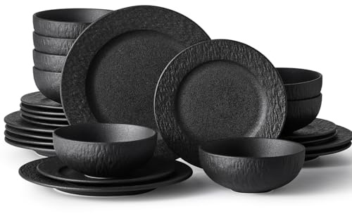 HIKAA Steingut Geschirrset Schwarz 8 Personen, 24-Teiligs Matte Teller Set, Hochwertiges Tafelservice Mikrowellen und Spülmaschinenfest, Kombiservice für Familienessen, Restaurants, Geschenke