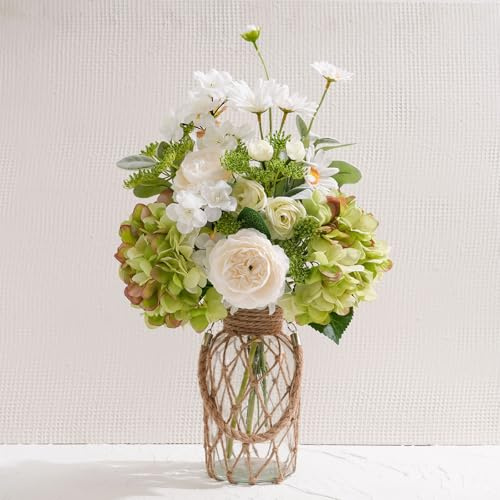 Artificial Flowers in Clear Vase, Faux Floral Arrangement for Home Décor | Fake Hydrangea & Dusty Miller Bouquet with Pot, Spring Summer Dining Coffee Table Centerpiece Decor, White & Green