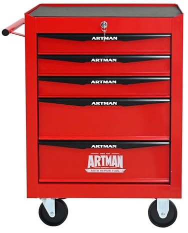 Generisch Carrello portautensili a 5 cassetti con ruote, mobile con cassetti con cuscinetti a sfera, robusta cassetta degli attrezzi in acciaio rosso/nero per garage e officina