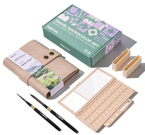 Juego de cuaderno de bocetos de acuarela de viaje, 100% algodón, prensa en frío, 6.7 x 3.9 pulgadas, cuaderno de arte con paleta de pintura de cerámica de 36 pozos y 2 pinceles de acuarela de viaje