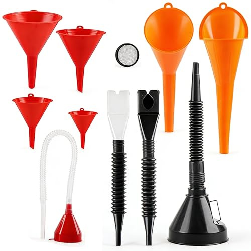 Lot de 10 entonnoirs multifonctions avec tuyau, kit d'huile universel pour entonnoir de voiture, avec bec amovible, entonnoirs pour liquide de refroidissement (rouge/orange/noir)