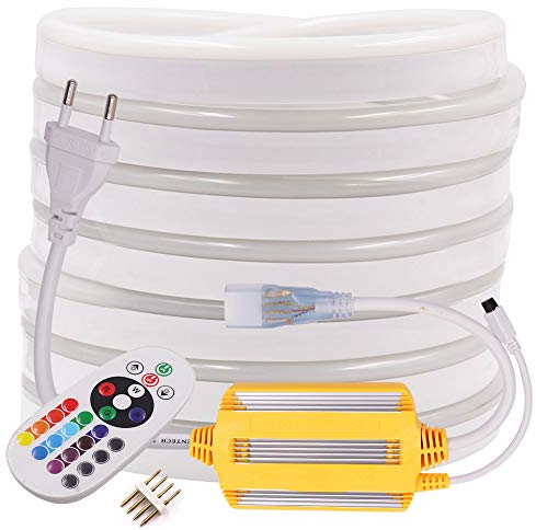 XUNATA 12M RGB LED Neon Streifen, 220V RGB 5050 IP65 Wasserdicht Dimmbares Diffusion Flexibles LED Lichtschlauch mit Wasserdicht Controller+24Tasten IR-Fernbedienung