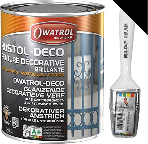 Owatrol DECO Vernice Smalto protettivo, Primer antiruggine, perfetto per Ferro (anche zincato), Legno, PVC, Plastica, Tegole. Finitura Lucida (2,5 Lt, Nero RAL 9005)
