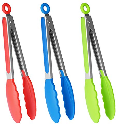 HINMAY Kitchen Silicone Tongs 9 Inch Stainless Steel Serving Food Tongs, Set of 3 (Red Blue Green)