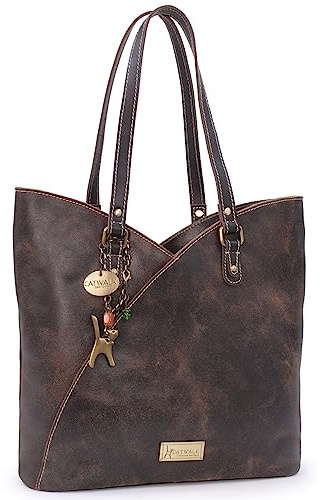 Catwalk Collection Handbags - Grande Tote Bag in Pelle Invecchiata - Borsa a Spalla Tulipano Donna - Borsa a Mano da Lavoro - Abigail Marrone Scuro