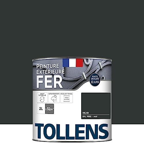 Tollens - Peinture extérieure fer 2 en 1 - Ultra Résistante - Protection antirouille - Laque Riche en Résine - Sans Sous-Couche - Entretien Facile - Brillant - Noir Mat - 2L = 32m2