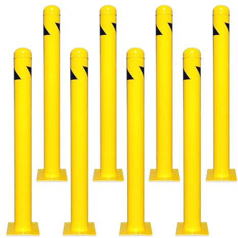 8NET 8 Pack - Safety Bollard 48''H x 4.5''D, 12Ga (2.7 mm), Base-8x8'', with 4 Free Anchor Bolts, Heavy Duty Yellow Powder Coated Safety Parking Barrier Post