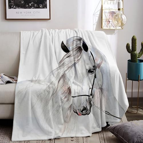 Gosig filt med hästmotiv 150 x 200 cm, 3D häst levande filt sofffilt, mjuk varm fleecefilt för vuxna, soffa sovrum dekor (A, 150 x 200 cm)