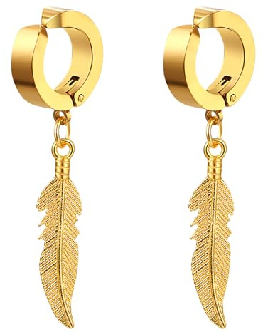 Flongo Fake Ohrringe ohne loch: Damen Huggie Hoop Feder ohrclips schwarz gold silber Creolen ohne ohrloch Feather Ohrklemme Ohr Clips Earrings Gothic Edelstahl wikinger Schmuck Geschenk Frauen Herren