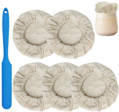 YuCool - Kit de tarros de masa madre para principiantes de masa madre, cubierta de fermentación de pan de tela reutilizable, paquete de 5 fundas de tela y 1 raspador