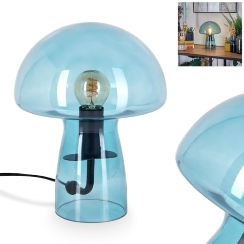 HOFSTEIN Tischleuchte Almagre, Tischlampe aus Metall/Glas in Schwarz/Blau, Leuchte im modernen Vintage/Retro-Design mit Schirm aus Glas, Ø 18cm, An/-Auschalter am Kabel, E14, Wohnzimmer, Schlafzimmer