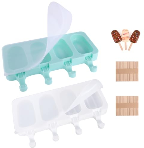 2 Piezas Moldes de Helados de Silicona, 4 Cavidades Juego de Moldes de Polos con Tapas y Palitos, Reutilizable Magnum Ovalado Cake Moldespara DIY Popsicle Ice Cream