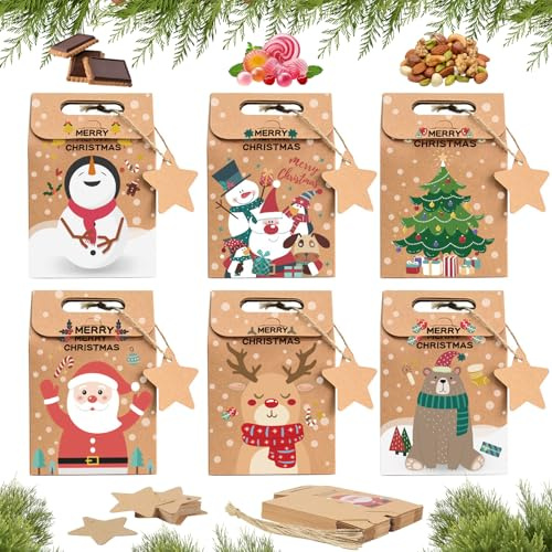 pangdapengpeng 24 Stücke Geschenktüten Weihnachten, Klein Weihnachtstüten | Kraft Adventskalendertüten mit Stern Etikettenpapier und Juteseil für Keks, Süßigkeiten