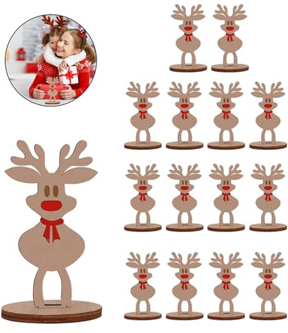 Povxlum 15 Pcs Christmas Name Place Cards Place Settings Freestanding Rustic Wooden 3D Christmas Table Decorations Place Name Holders for Xmas Christmas Decor（Red Nosed Reindeer）
