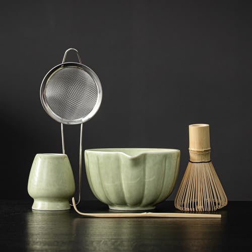 SFTXEY Matcha Whisk Set, Matcha Set Includes Ceramic Matcha Bowl, Bamboo Whisk, Scoop, Chasen Holder, Sifter, 5 Pcs Perfect Matcha Kit for Matcha Lover (Mottled Green)