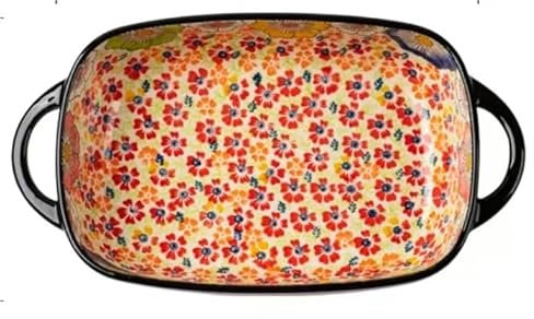 CRCRC Fuente for hornear de cerámica con asas, cacerola de lasaña floral colorida for horno, cacerola rectangular de porcelana for hornear, servir, elementos esenciales de cocina(1830ml)