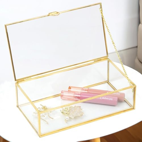 ZEXALOR Dekorative Box aus transparentem Glas zum Organisieren von Fotos, Schmuck, kleinen Gegenständen – Goldener Schubladen-Organizer, transparenter kleiner Aufbewahrungsbehälter mit Deckel