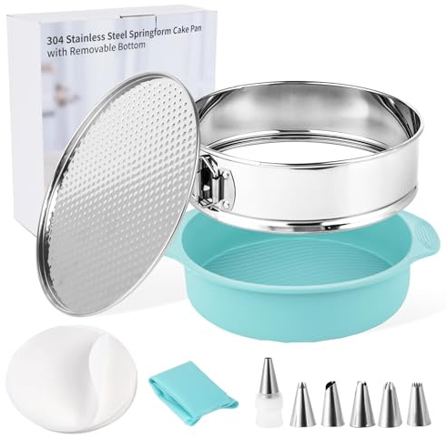 Spmarkt 9 Inch Cheesecake Pan, Leakproof 304 Stainless Steel Springform Pan with Silicone Protector for Water Bath Baking, Removable Bottom, 50 Pcs Parchment Paper, Dishwasher Safe