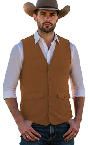 Solovedress Chaleco de traje de ante para hombre, ajuste regular, vintage, suave piel sintética, chaleco de vaquero occidental, marrón, XL