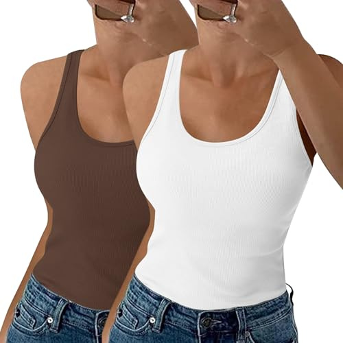 Aottori Tank Top Mujer Pack de 2 Verano sin Mangas Camiseta de Tirantes Cuello Redondo Ajustada de Punto Básica Shirt Sexy Sólido Casual Chaleco Tops Blanco+Marrón M