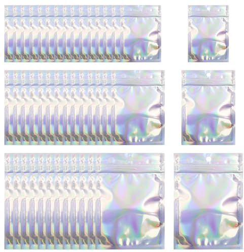 150 Pieces Holographic Bolsas de Mylar 3 Tamaños Resealable Bolsa Aluminio Bolsa Planas Cremallera de Laser Foil Bolsas Planas Ziplock con Ventana Transparente para Producto Embalaje