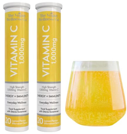 The Vegan Wellness Co. 1000mg High Strength Vitamin C for Energy + Immunity, 40 Effervescent Tablets - Lemon Flavour Immune Booster