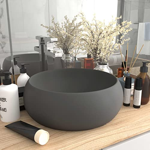 Vasque à Poser with Céramique, Design Ronde, Finition Mate, Vasque à Poser Salle de Bain, Lavabo Salle de Bain, Meuble Vasque Salle de Bain, Gris Foncé Mat, 400 x 150 mm