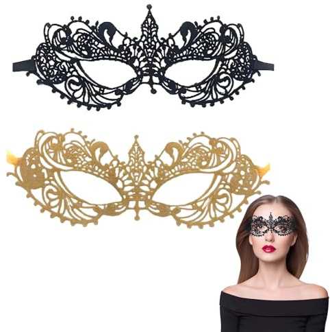 Xanthelle Maske Gesicht Verkleidung, 2 Spitzenmasken in Gold und Schwarz, Venezianische Maske, Damen Maskenball Spitzenmaske Schwarze Augenmaske