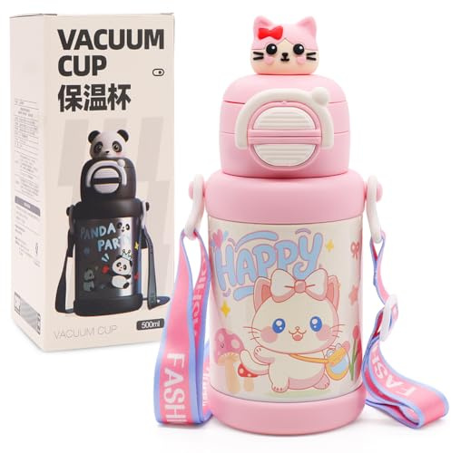 WFKKMEQ Trinkflasche Kinder, Edelstahl Thermosflasche 500ml Kätzchen Kinderflasche mit Strohhalm, Auslaufsicher Cartoon Wasserflasche Perfekt für Kinder, Schule, Kindergarten, Sport