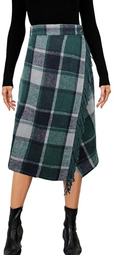 Tanming Womens Plaid Fringed Midi Skirt A Line Warm Wool Wrap Skirt Fall Winter Tartan Dress (Green-M)