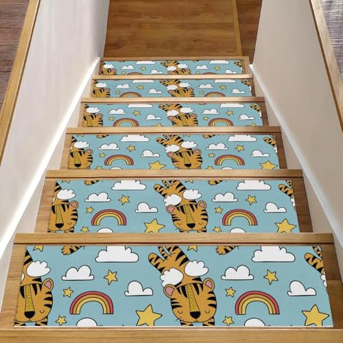 RODAILYCAY 15 tappetini antiscivolo per scale, 76 x 20 cm, per gradini in legno per interni, motivo tigrato, bordatura, tappeto per bambini, anziani e cani