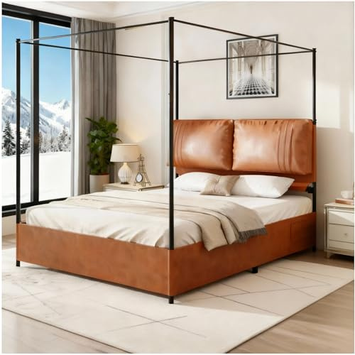 muenfly Himmelbett Metallbett 160 x 200 cm Doppelbett Bettgestell mit Lattenrost, Stauraum unter dem Bett, Zwei Leder-Weichkissen Bettrahmen Ehebett Schwarz