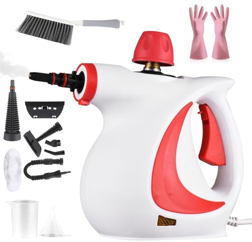 Dampfreiniger,Rheinwing Dampfreiniger,Handdampfreiniger,Hand Steam Cleaner, Portable 3.2 Bar Steam Pressure 1050 W Steam Cleaner for All Floors With 12 Attachments (Rot)