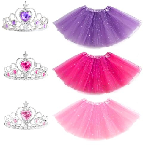 ZXTGBQ Gonna Tulle Bambina, Tutu Bambina, 3 Pcs Set Principessa Tulle Gonna con 3 Corone da Principessa, Gonna Balletto Tulle con Stelle e Lustrini per Feste e Danza, Carnevale Natale Halloween