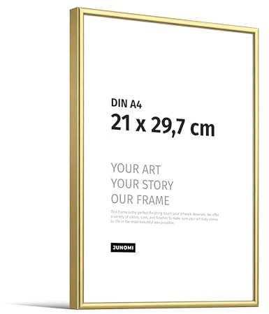 JUNOMI® Bilderrahmen A4 (21x29,7 cm), Aluminium Gold glänzend, Posterrahmen | Aufsteller an der Rückseite, zum Aufstellen oder Aufhängen an der Wand, schmaler Rahmen aus Aluminium mit Acrylglas