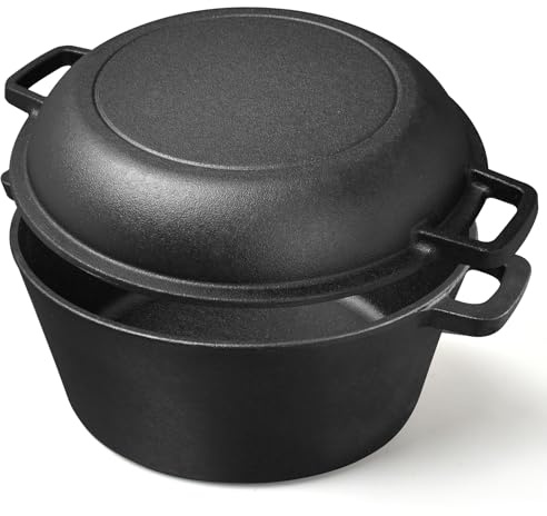 2 in 1 Cast Iron Dutch Oven 5 QT Dutch Oven Pot + 1.6 QT Dual Function Skillet Lid Ideal for Bread Baking, Stew & Casserole - Compatible with Induction, Gas, Camping, Fire, BBQ & Grill (26CM)