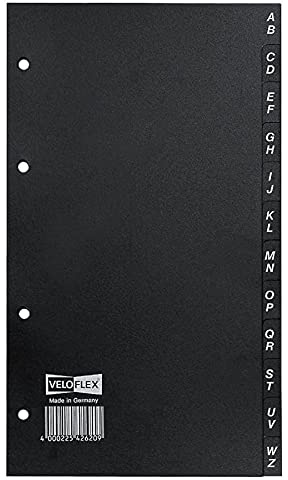 VELOFLEX 4262000 – Registrering, DIN A5, hård PVC, för visitkort och telefonbok, 12 delar, A-Z, svart, 1 st
