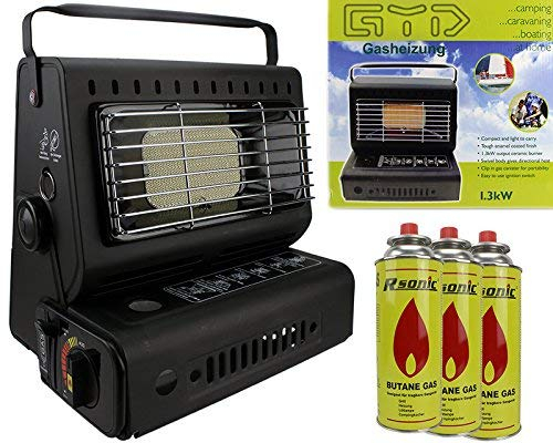 SMH LINE® Camping Heizstrahler 2in1 Gasheizung + 3 Gaskartuschen 1,3KW Gasstrahler Keramik Camping Heizung Zelt Heizung Gaskartuschen im Set