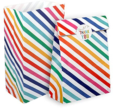 RFWIN 20Pcs Party Bag Kraft Paper Candy Bags, Rainbow Stripe Kids Birthday Bags with Stickers, Gifts Sweets Bags for Baby Shower Wedding Valentines' Day